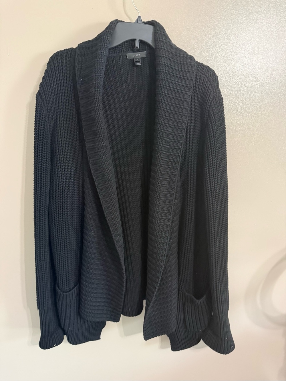 J.Crew Black Ribbed Open Front‎ Chunky Knit Shawl Collar Cardigan Sweater XL
